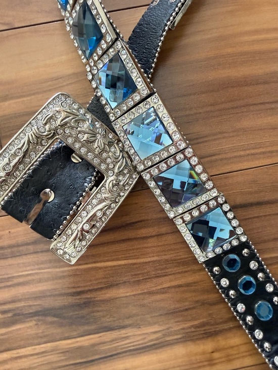 Atlas Accessories - Black Studded Leather Belt with Crystal Stones